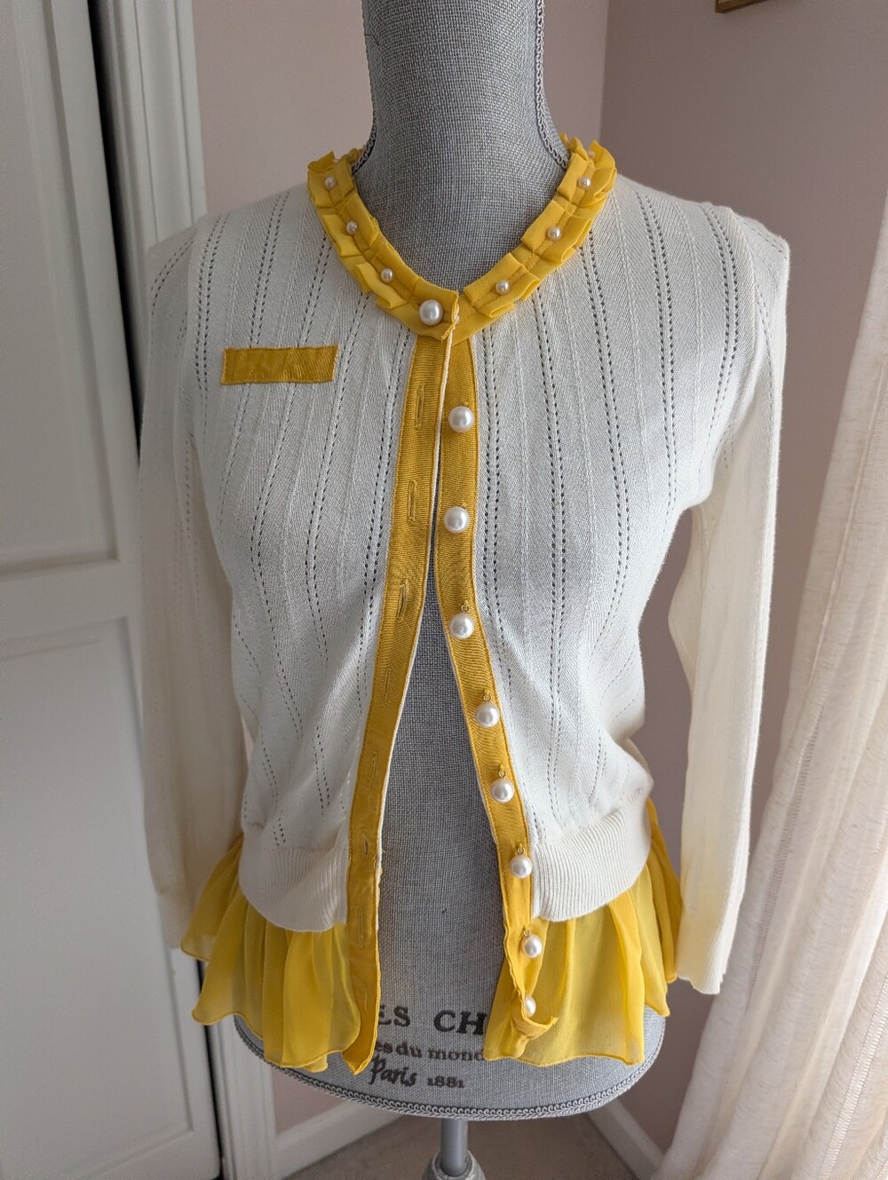 Cream Knit Cardigan with Yellow Trim and Pearl Buttons